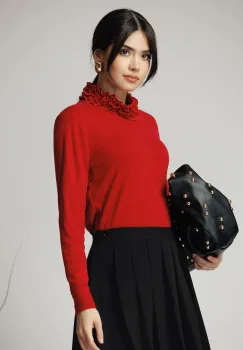 Bluza casual din viscoza rosie cu guler incretit imagine