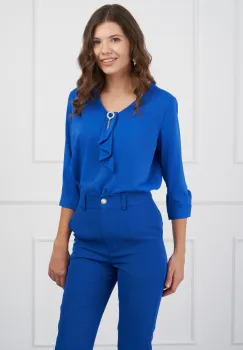 Bluza Dana albastra cu aplicatie tip cravata la bust imagine