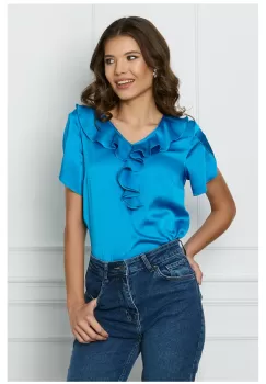 Bluza Diana albastra cu volan la bust imagine