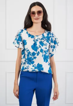 Bluza DY Fashion alba imprimeu floral albastru si volane pe maneci imagine