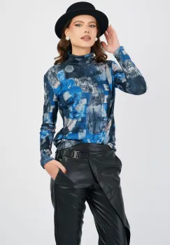 Bluza DY Fashion albastra cu imprimeuri din tricot cu guler imagine