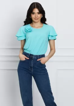 Bluza DY Fashion bleu cu trandafir si volane la maneci imagine