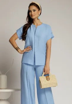 Bluza DY Fashion bleu de vara tip camasa cu guler tip tunica imagine