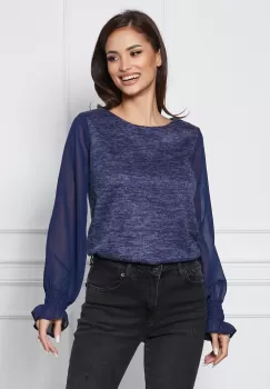 Bluza Dy Fashion bleumarin din jerse cu maneci din voal imagine