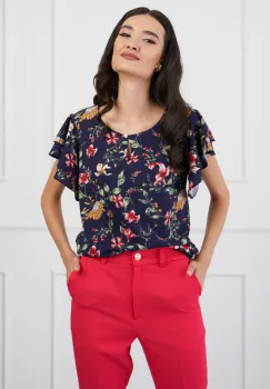 Bluza DY Fashion bleumarin imprimeu floral rosu si volane pe maneci imagine
