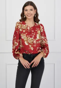Bluza DY Fashion bordo cu imprimeuri florale si nasture la decolteu imagine