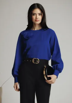 Bluza DY Fashion casual din jerse albastra cu floare din organza imagine