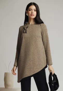 Bluza DY Fashion casual din tricot bej cu lungime asimetrica imagine