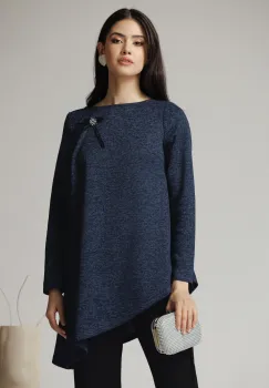Bluza DY Fashion casual din tricot bleumarin cu lungime asimetrica imagine