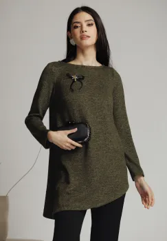 Bluza DY Fashion casual din tricot kaki cu lungime asimetrica imagine
