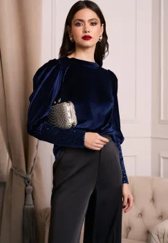 Bluza DY Fashion eleganta din catifea bleumarin cu mansete din paiete imagine