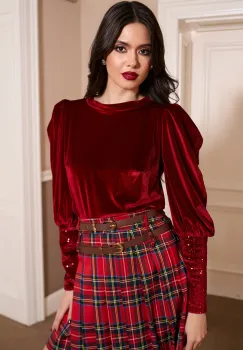 Bluza DY Fashion eleganta din catifea bordo cu mansete din paiete imagine