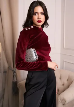 Bluza DY Fashion eleganta din catifea rosie cu nasturi pe umar imagine