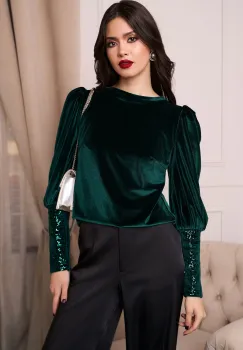 Bluza DY Fashion eleganta din catifea verde cu mansete din paiete imagine