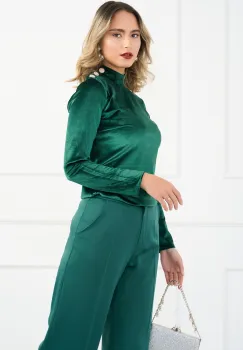 Bluza DY Fashion eleganta din catifea verde cu nasturi pe umar imagine