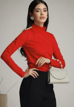 Bluza DY Fashion eleganta din lycra rosie cu fronseu si aplicatie pe umar imagine
