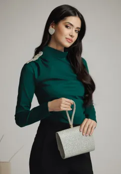 Bluza DY Fashion eleganta din lycra verde cu fronseu si aplicatie pe umar imagine