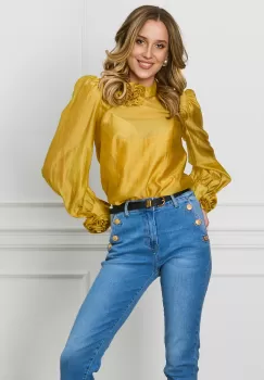 Bluza DY Fashion galben mustar cu trandafir la guler si maneci imagine