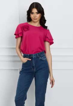 Bluza DY Fashion magenta cu trandafir si volane la maneci imagine