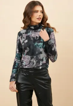Bluza DY Fashion mov cu imprimeuri din tricot cu guler imagine