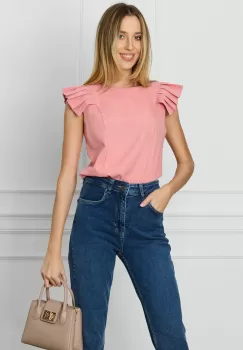Bluza DY Fashion roz cu dungi si maneci plisate imagine