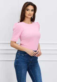 Bluza DY Fashion roz cu maneci scurte si umeri bufanti imagine