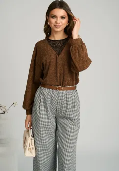 Bluza DY Fashion smart-casual din jerse maro cu insertie din dantela imagine