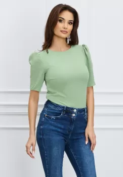 Bluza DY Fashion verde fistic cu maneci scurte si umeri bufanti imagine
