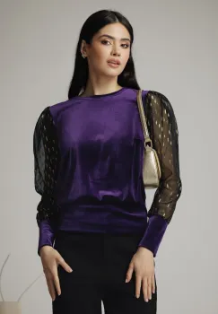 Bluza eleganta din catifea mov cu maneci din organza cu fir lurex imagine