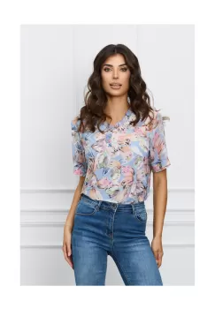 Bluza Feli bleu cu imprimeuri bej si maneci scurte imagine