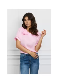 Bluza Ina roz sidef cu aplicatie florala 3D imagine