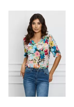 Bluza Ioana cu imprimeu floral multicolor si funda la bust imagine
