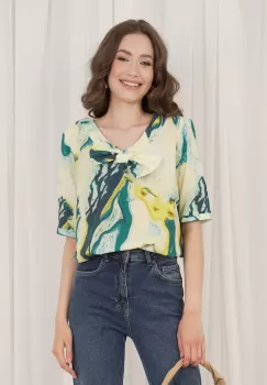 Bluza Ioana galben cu imprimeu verde si funda la bust imagine