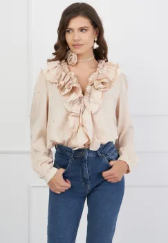 Bluza Ivona ivory cu strasuri si accesoriu floral imagine