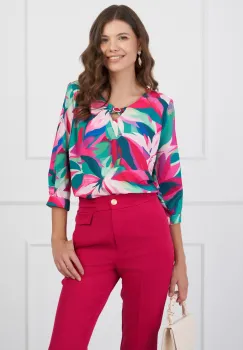 Bluza Kelly verde cu imprimeuri fucsia si decupaj la decolteu imagine