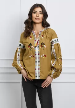 Bluza Lidia maro cu broderie traditionala si ciucuri imagine