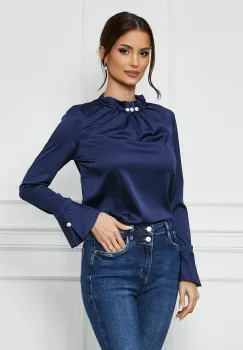 Bluza MBG eleganta din satin bleumarin cu perle la guler imagine