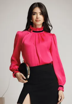 Bluza MBG eleganta din satin fucsia cu benzi negre din catifea imagine