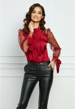 Bluza MBG eleganta din satin rosie cu maneci din tull accesorizate cu buline catifelate imagine