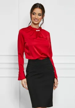 Bluza MBG eleganta din satin rosie cu perle la guler imagine