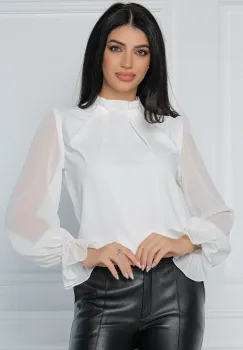 Bluza MBG eleganta din voal alba cu insertii in relief pe maneci imagine