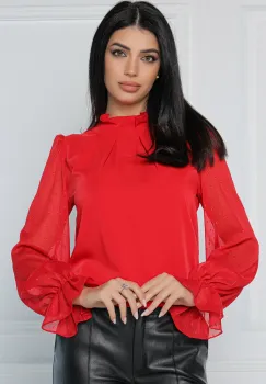 Bluza MBG eleganta din voal rosie cu insertii in relief pe maneci imagine