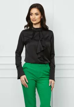 Bluza MBG neagra satinata cu volan la bust imagine