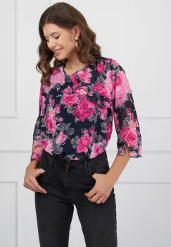 Bluza Milena bleumarin cu trandafiri roz imagine