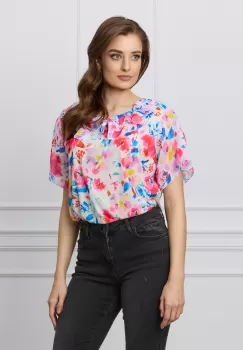 Bluza Sorina alba cu imprimeuri florale roz si albastre imagine