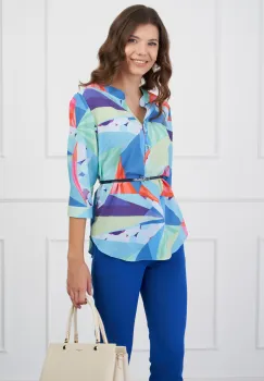 Bluza Vanessa bleu cu imprimeu verde si curea in talie imagine