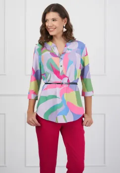 Bluza Vanessa lila cu imprimeu roz si curea in talie imagine