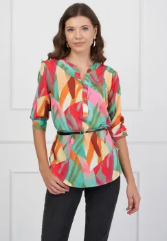 Bluza Vanessa verde cu imprimeu orange si curea in talie imagine