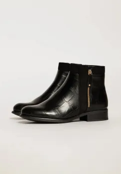 Botine negre elegante cu toc jos si textura piele de crocodil imagine