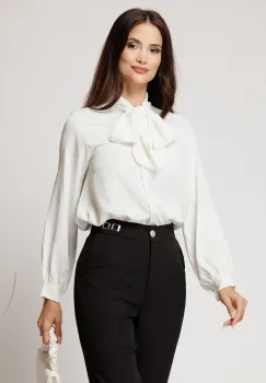 Camasa alba lejera din triplu voal cu guler tip esarfa imagine